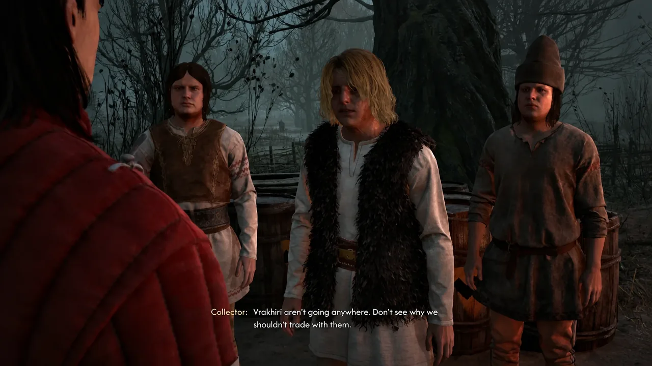 Dialogue scene with a Collector speaking to three men in the swamp camp, subtitle on screen