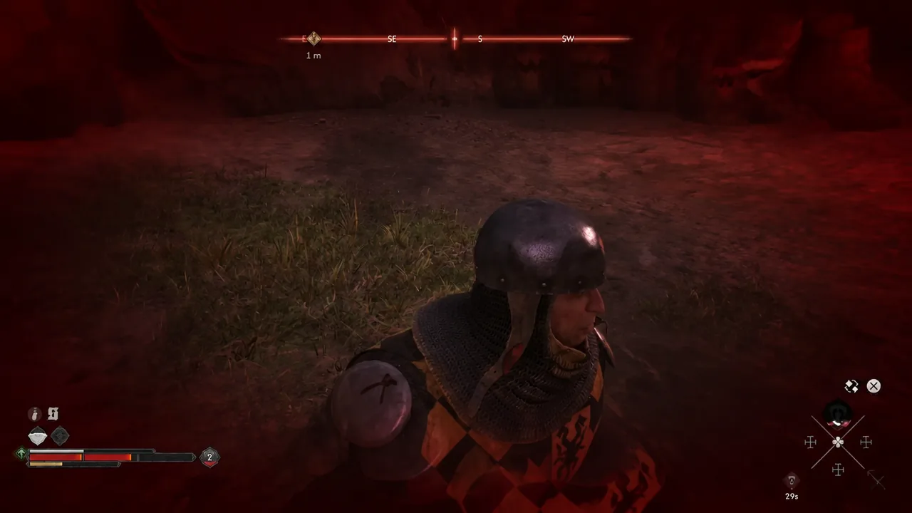 Coen taking heavy damage mid-fight, health bar nearly empty with a red vignette on screen
