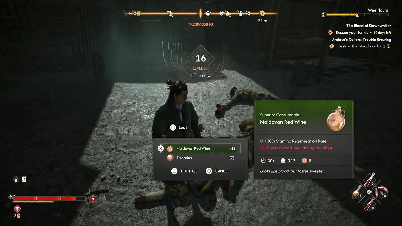 Loot window showing Moldovan Red Wine selected on a dead guard's body