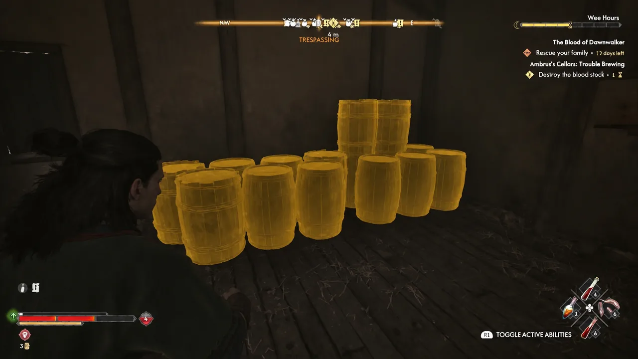 Highlighted blood barrels in the cellar room marked as the blood stock objective