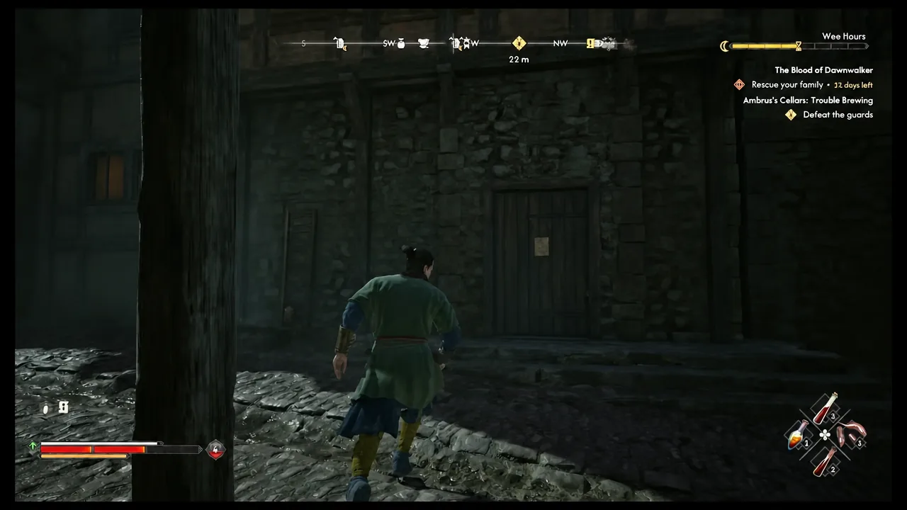 Coen approaching the guarded cellar door with the Defeat the guards objective on screen