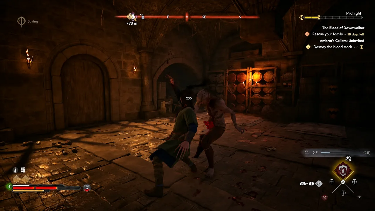 Player landing a hit on an enemy inside a torchlit cellar with the quest tracker on screen