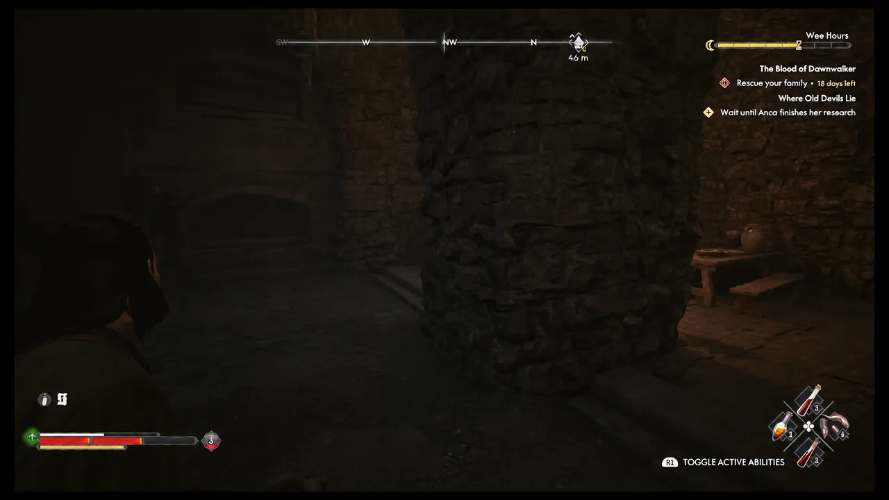 Character moving through a dark stone cellar interior lit by scattered torchlight