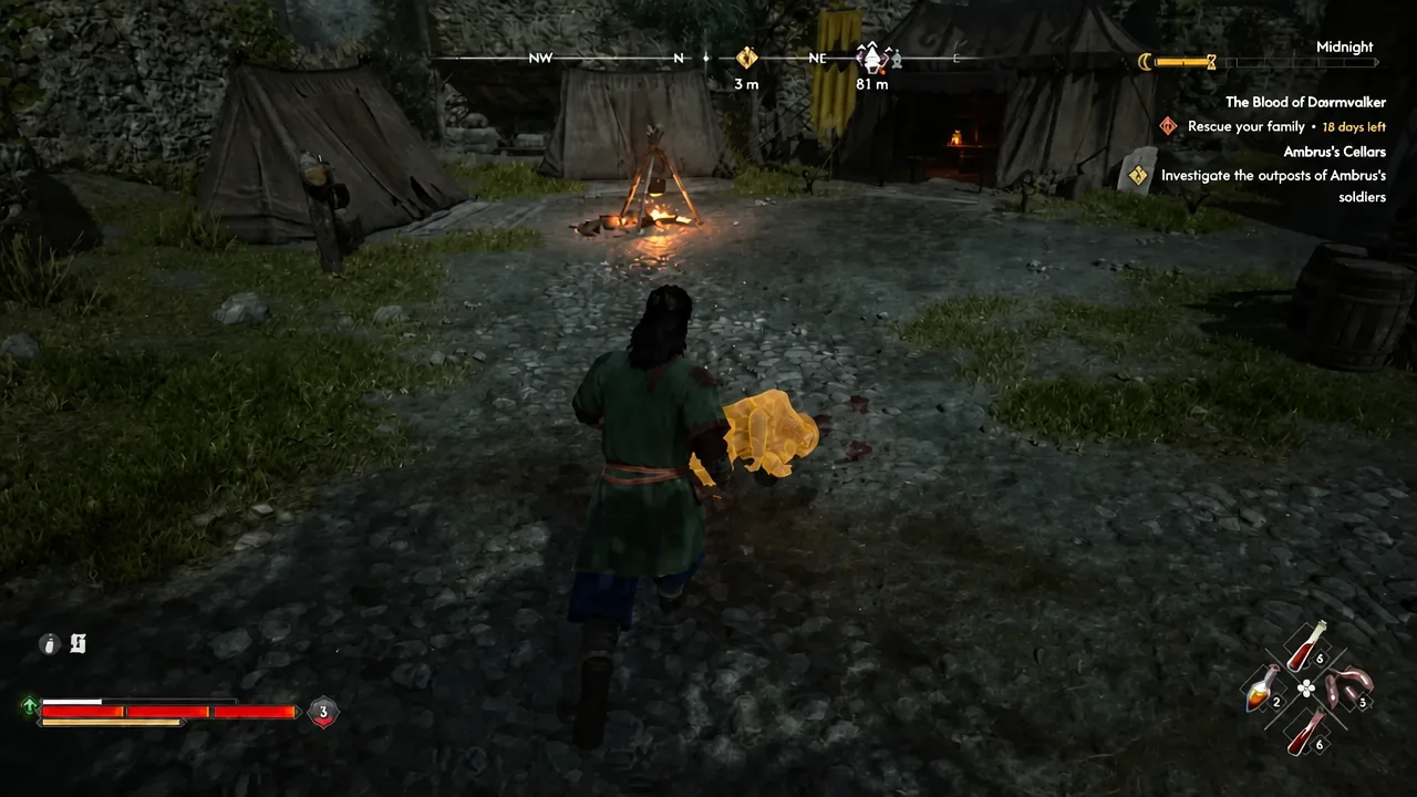 A golden interactable object glowing on the ground as the character walks up to it