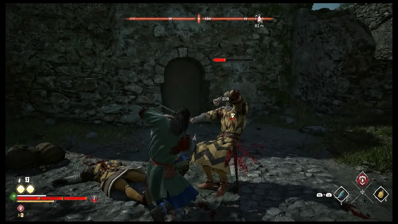 Damage number of 208 popping up as the player strikes a marked armored soldier