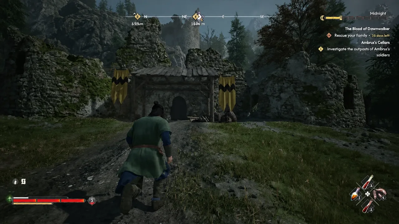 Quest tracker showing the objective to investigate Ambrus's soldier outposts at a fortified stone entrance