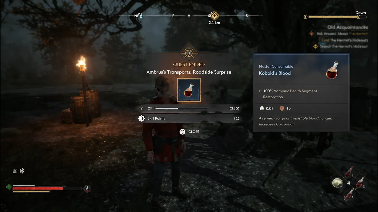 QUEST ENDED summary screen listing Kobold's Blood among the rewards