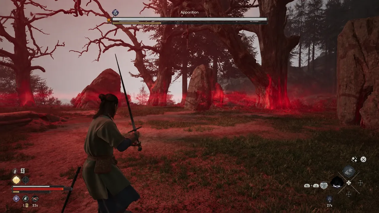 Apparition health bar on screen during the red-lit fight at the Ancient Circle