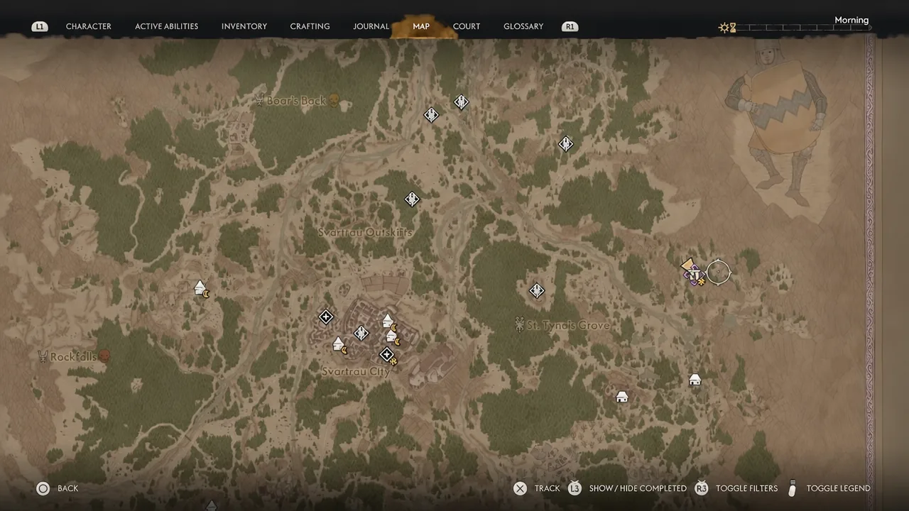 Map screen with the Ancient Circle marker tracked near St. Tyna's Grove Tower