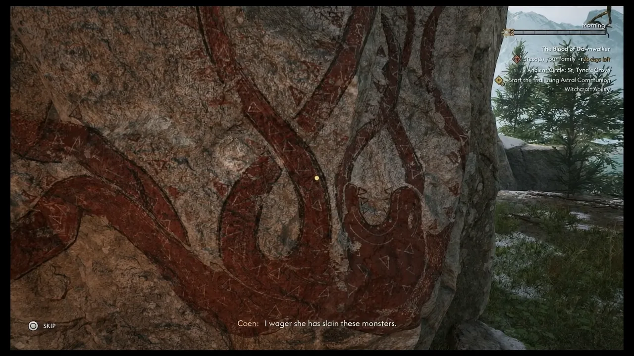 Coen examines the carved fresco while subtitles play and a Skip prompt sits on screen
