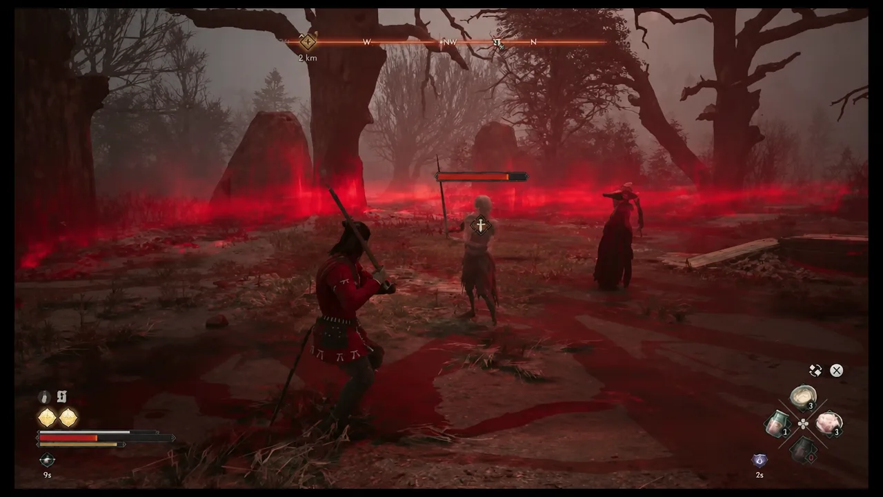 Locked-on enemy marked with a diamond icon and health bar during the Ancient Circle fight
