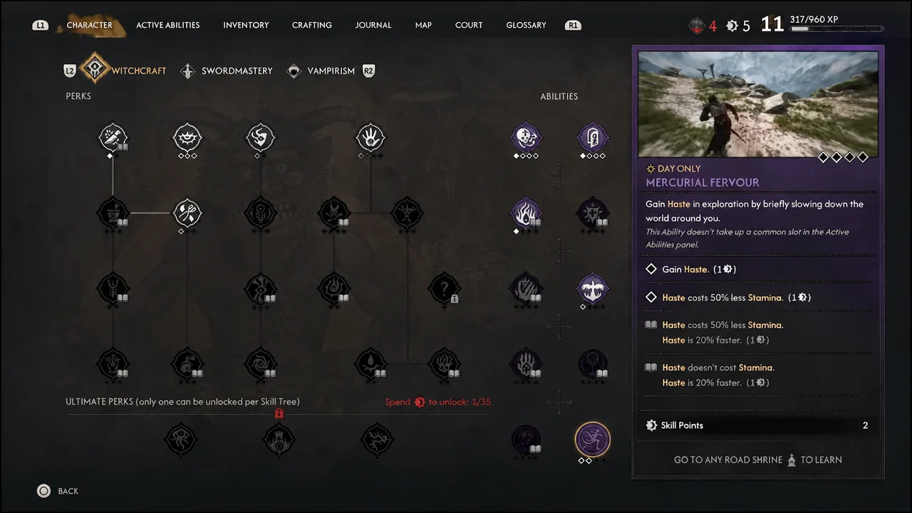 Witchcraft tab on the character screen with Mercurial Fervour selected and its effects listed
