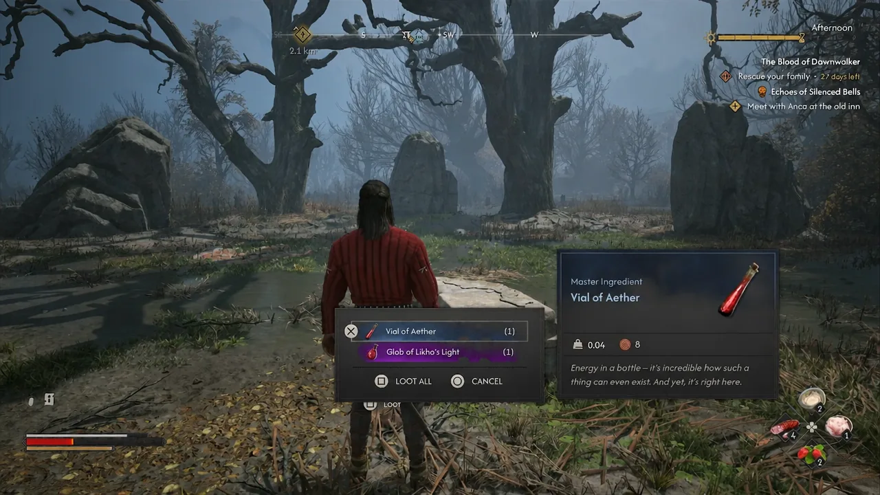 Loot window listing a Vial of Aether with Loot All and Cancel options