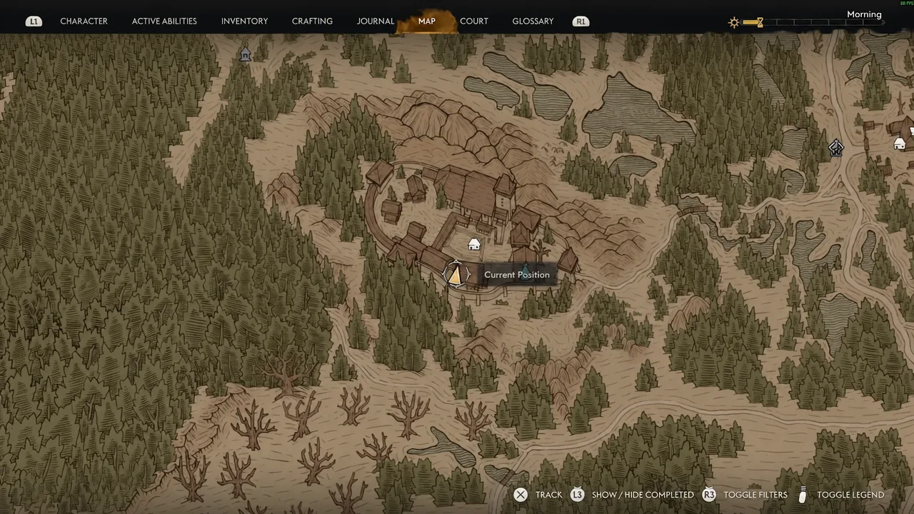 Map screen with the Current Position marker highlighted while heading to the monastery courtyard