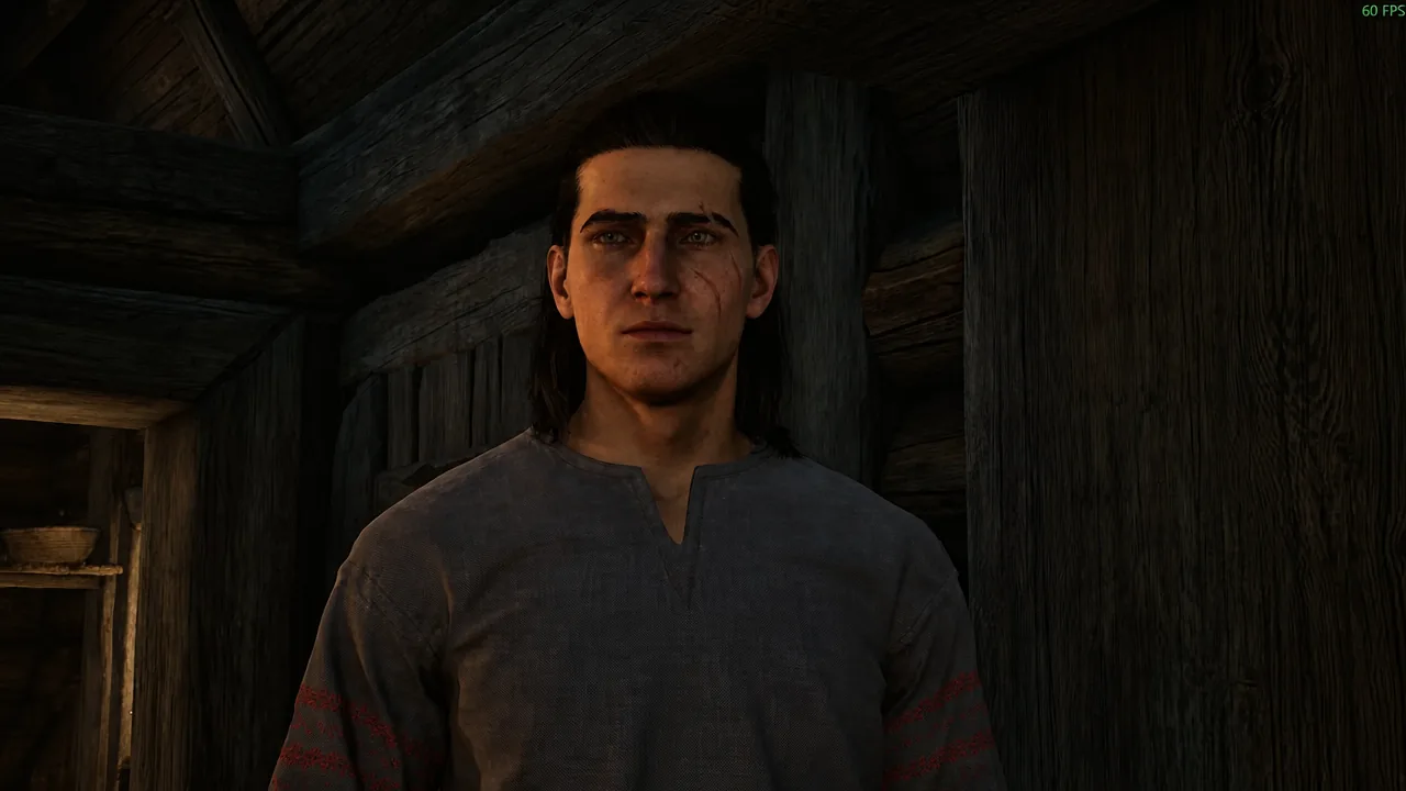 Dialogue scene with a man inside a wooden cabin during the nightmare loop
