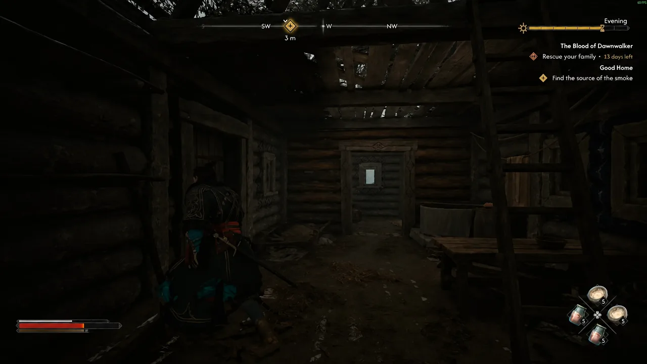 Objective tracker showing Find the source of the smoke while standing inside a hut