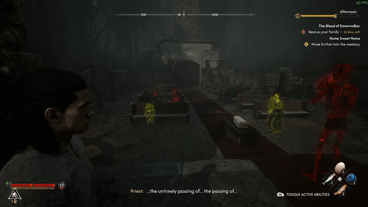 Ruined church interior with red and yellow highlighted figures and the Toggle Active Abilities prompt