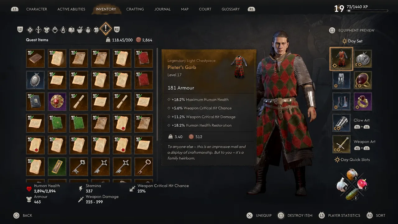 Inventory screen showing Pieter's Garb selected with its armor values and equipment preview
