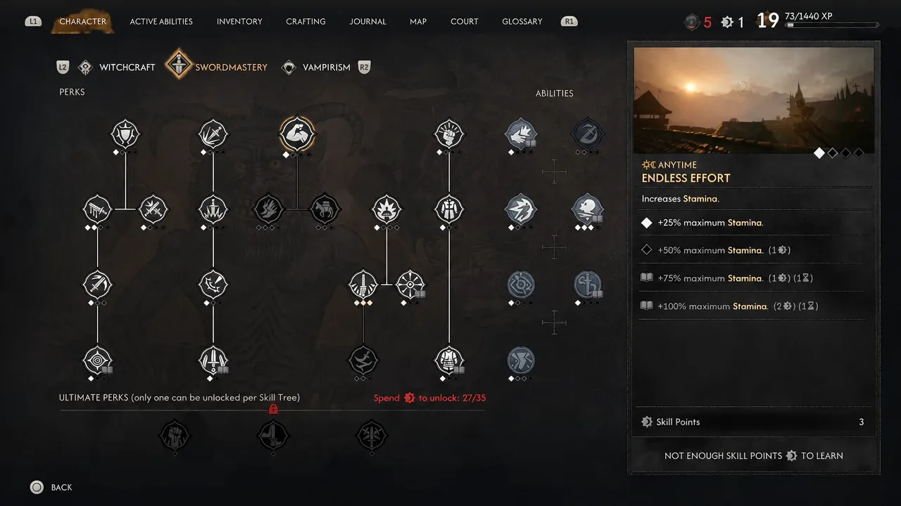 Swordmastery tab of the Character screen with the Endless Effort perk selected and its details shown