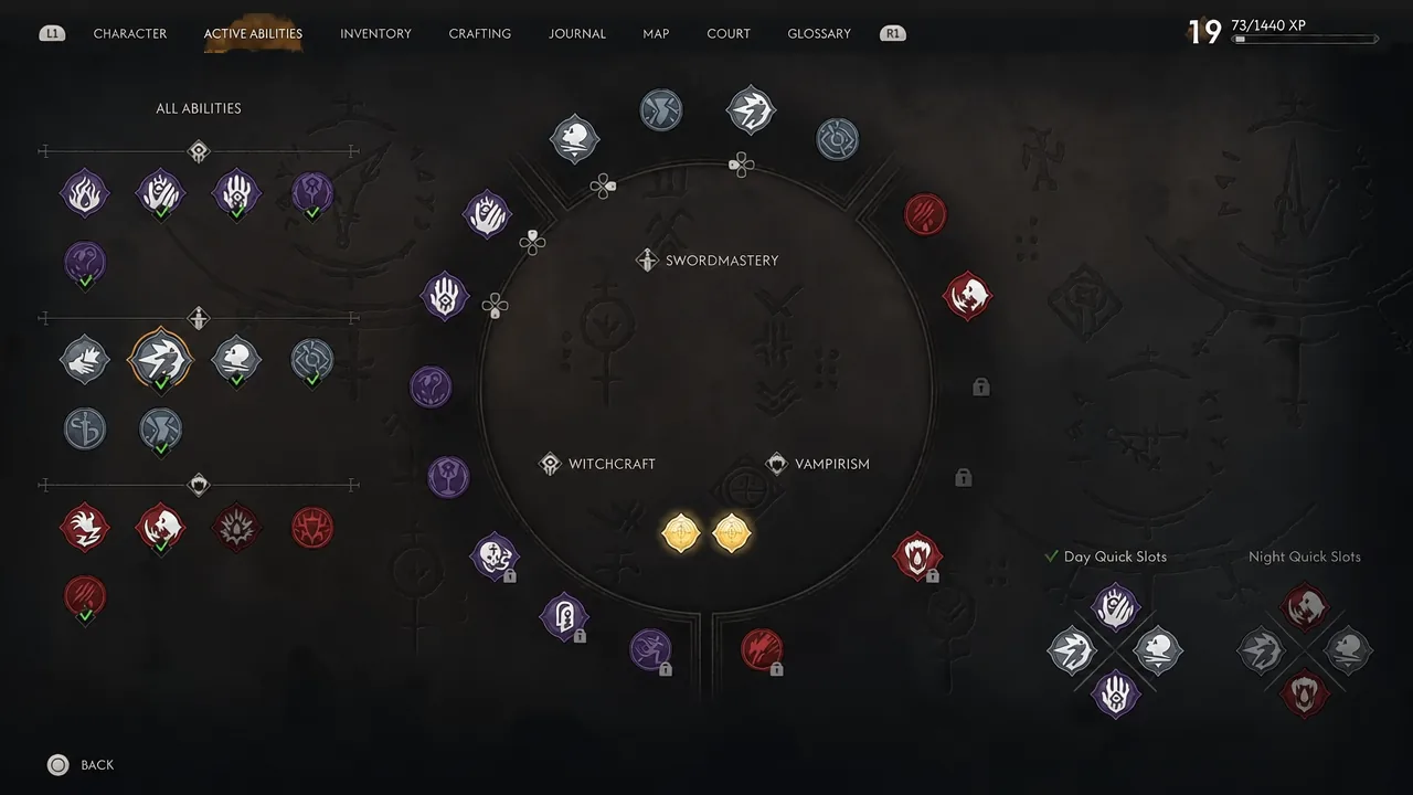 Active Abilities screen with an ability picked from the All Abilities list to slot into the bar