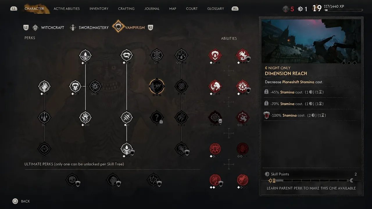 Vampirism tab of the Character screen showing the Dimension Reach perk and its stamina cost effects