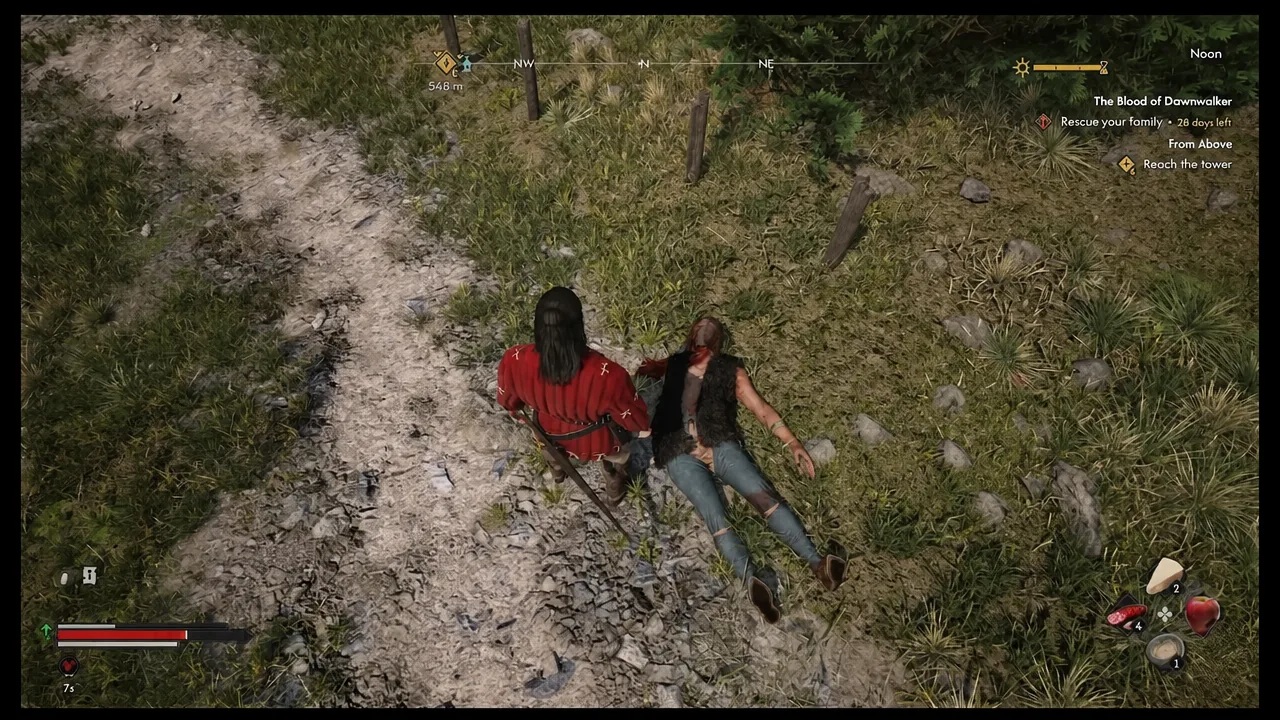 Coen stands beside a wounded companion with the Rescue your family quest active
