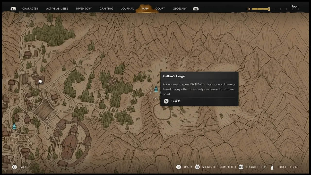 World map with the Outlaw's Gorge location panel open and the Track option available
