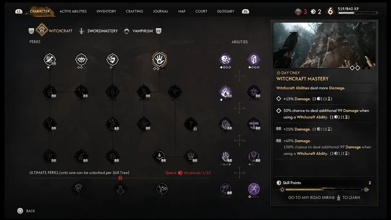 Character development screen with a skill tree tab open and perk details in the side panel