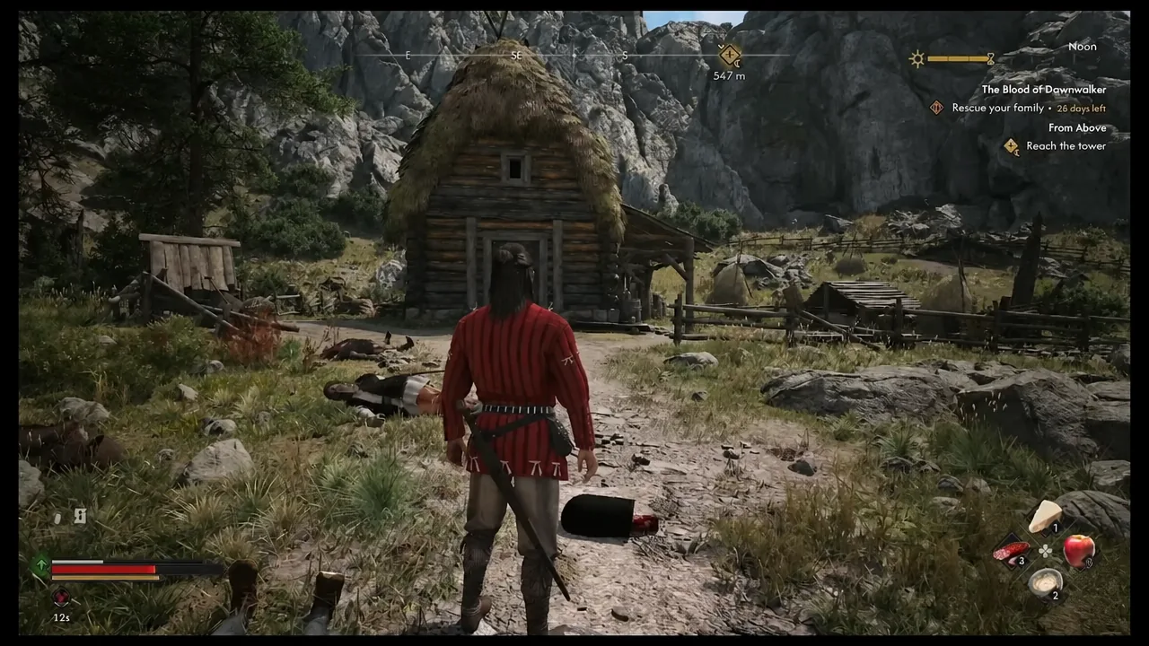 Coen outside the bandit camp hut with the Reach the tower objective on screen