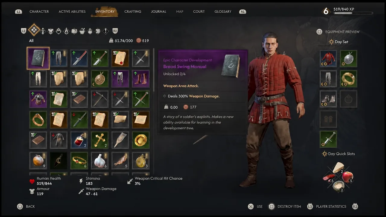 Inventory screen with the manual selected and its character development details shown