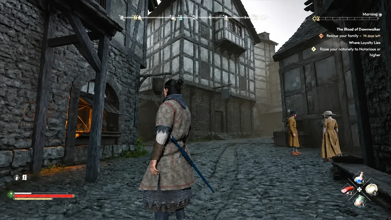Coen walking a Svartrau City street with the quest tracker showing 79 days left to rescue his family