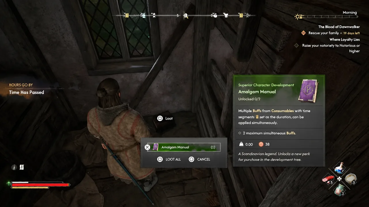 Loot menu with the Amalgam Manual selected and the Loot All and Cancel options visible