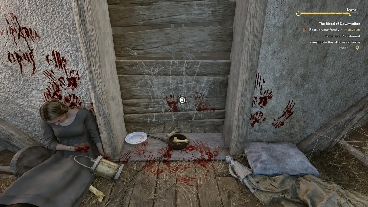 Interact prompt highlighted on the wooden barricade blocking the attic entrance