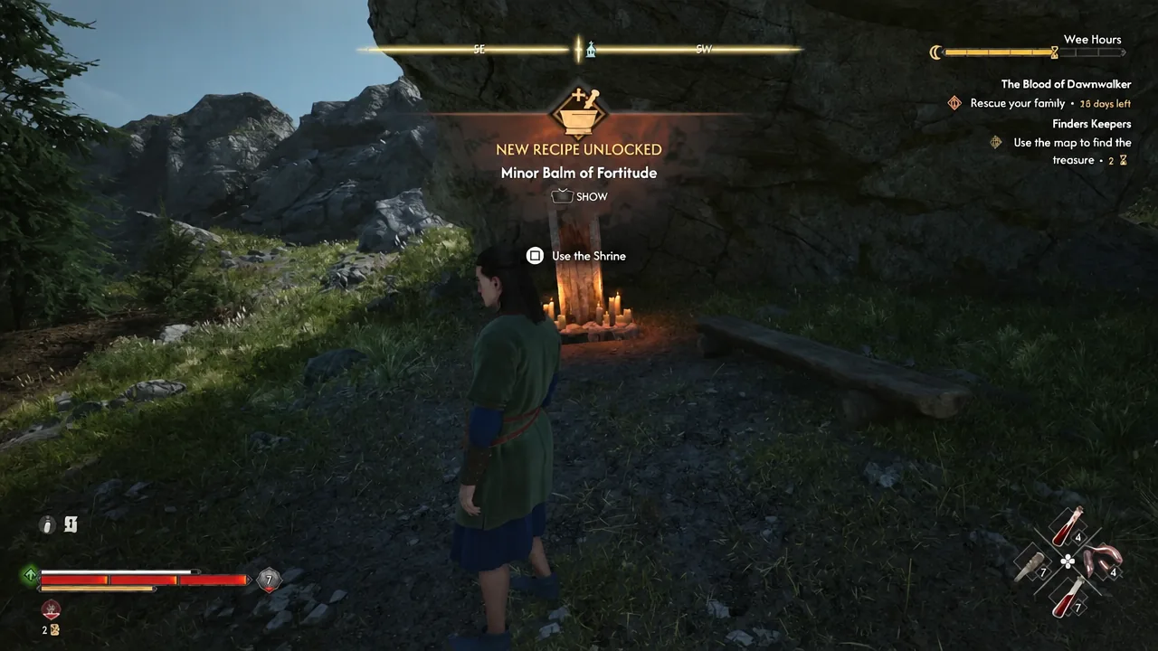 Shrine interaction prompt on screen alongside a new recipe unlock notification