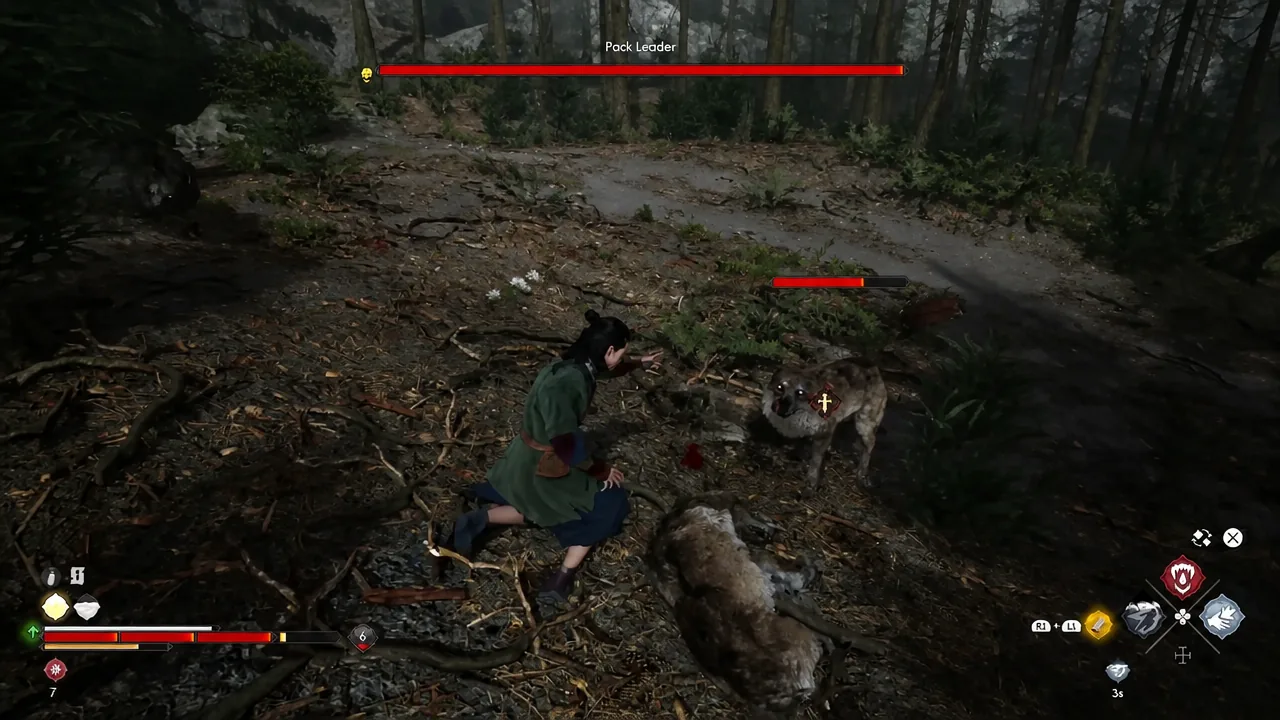 Coen striking a wolf while the Pack Leader health bar shows at the top of the screen