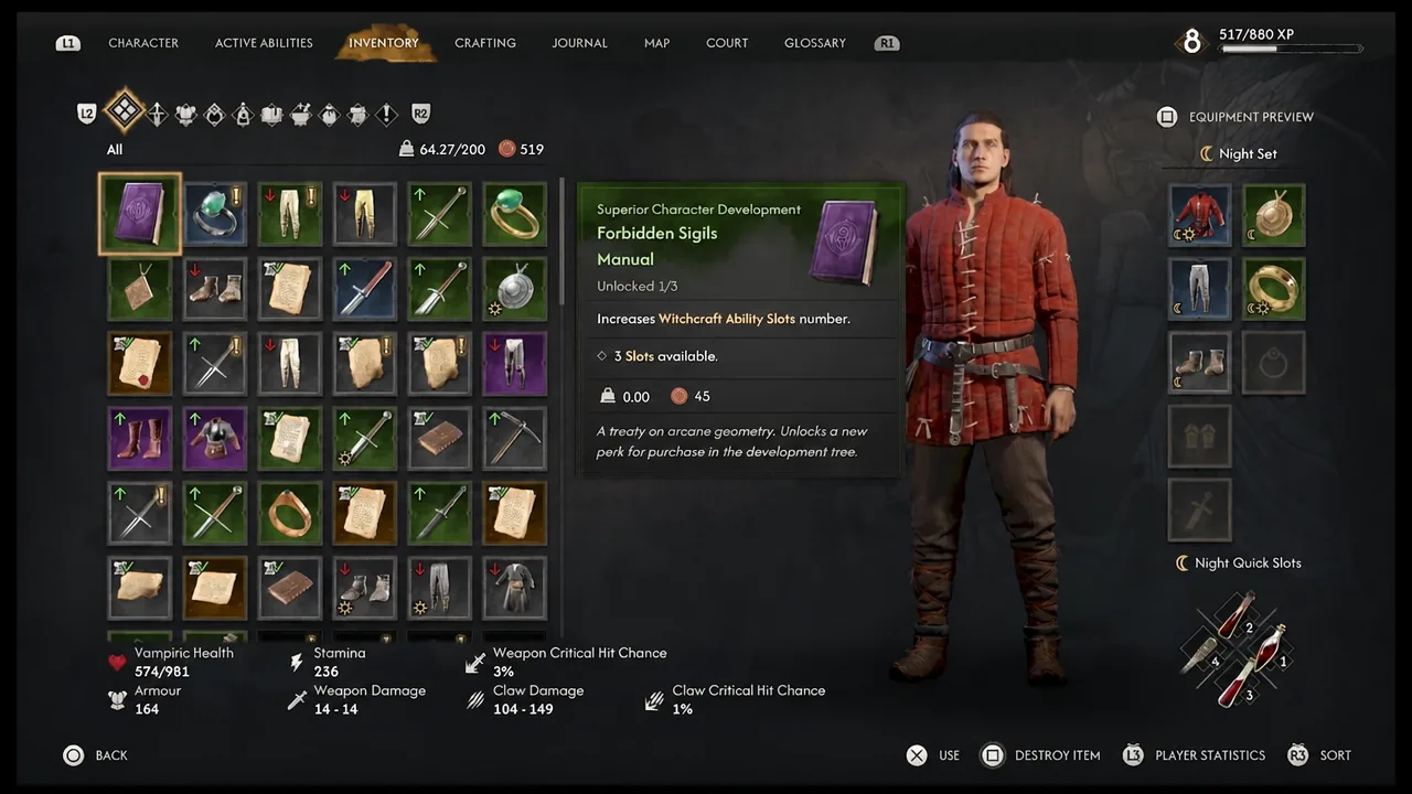 Inventory screen showing the Forbidden Sigils Manual and its item details