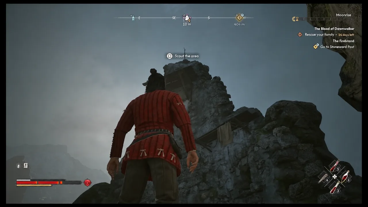 The Scout the area button prompt on screen at the top of the watchtower