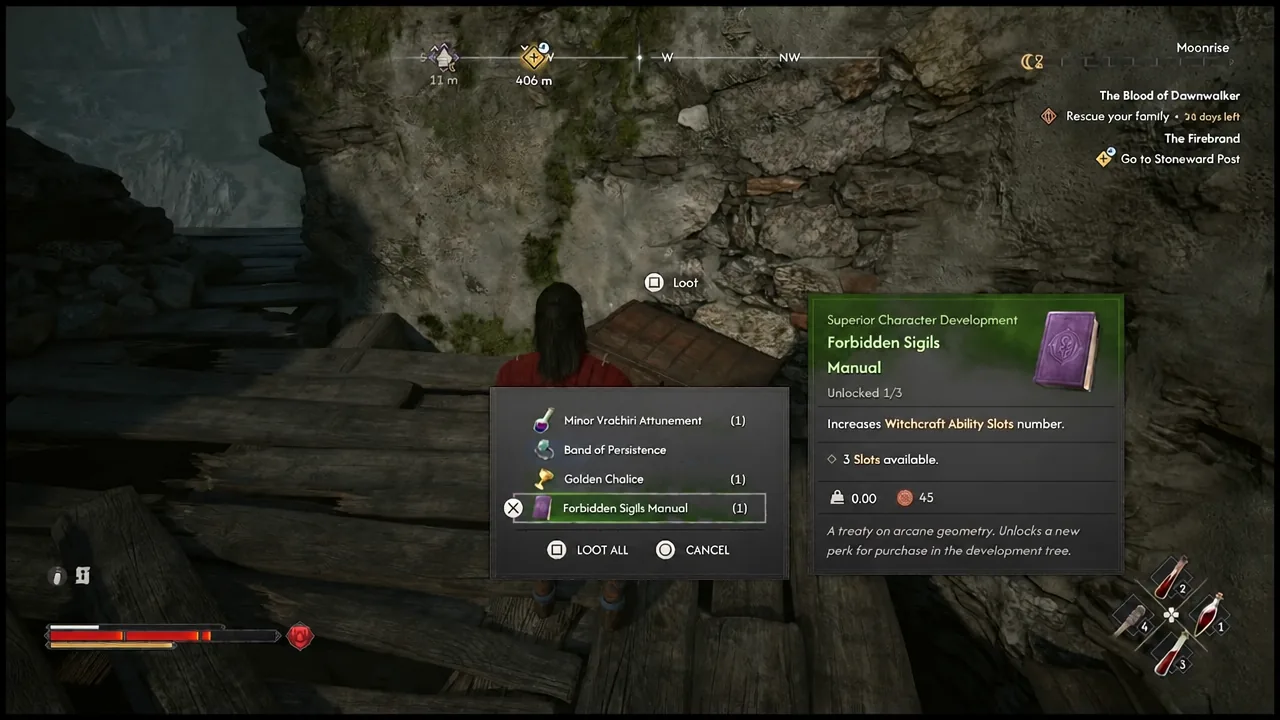 Loot menu on the platform chest with the Forbidden Sigils Manual selected