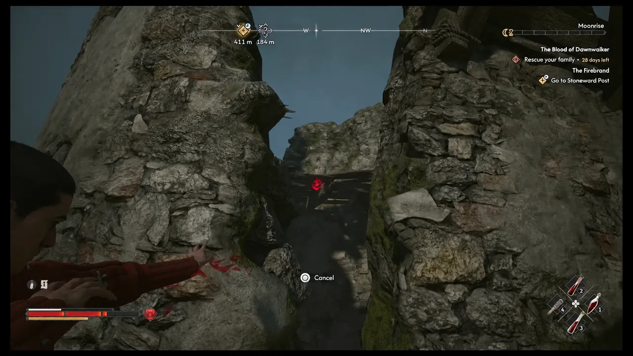 Aiming through the narrow rocky passage in the upper ruins of the watchtower