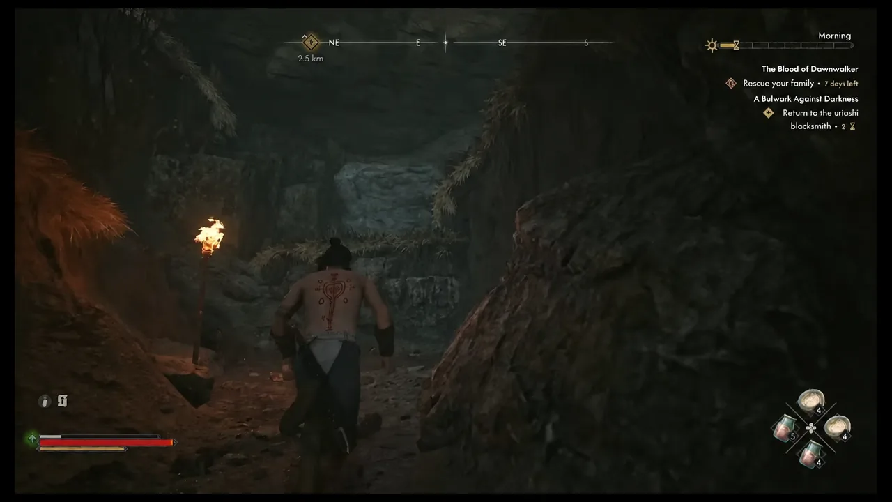 A Bulwark Against Darkness in the quest tracker as Coen moves through the torch-lit cave