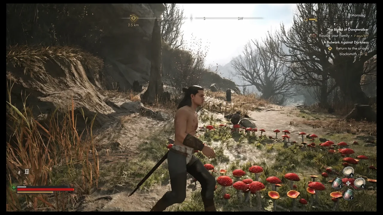 Forest run with the quest tracker listing the family rescue timer and the blacksmith return objective