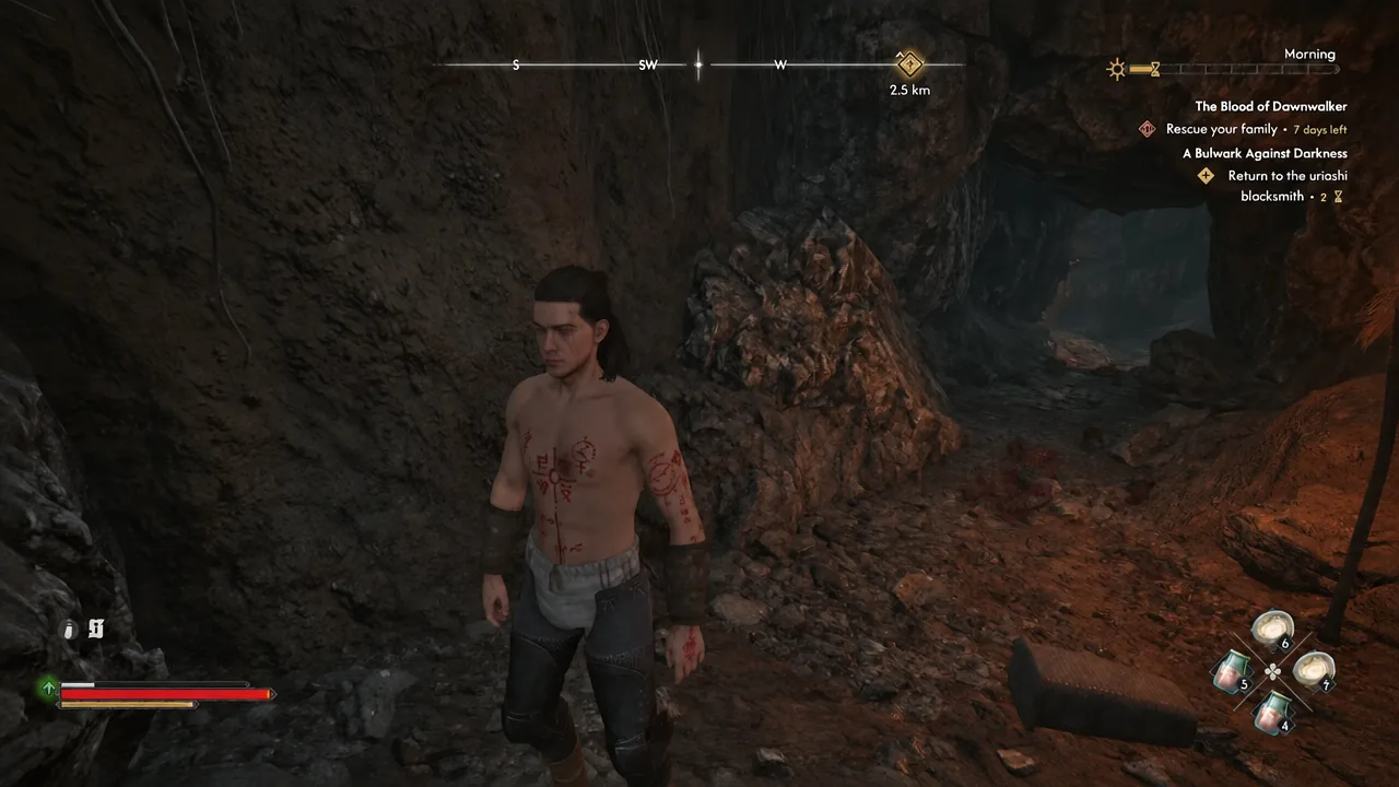 Coen climbing out of the cave with the blacksmith return objective in the quest tracker