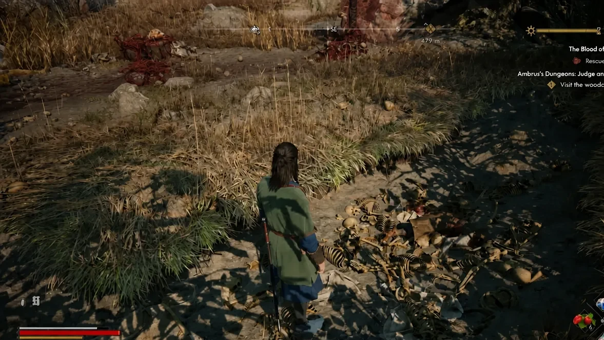 Character standing in a swampy clearing scattered with skeletons at the Mass Grave site