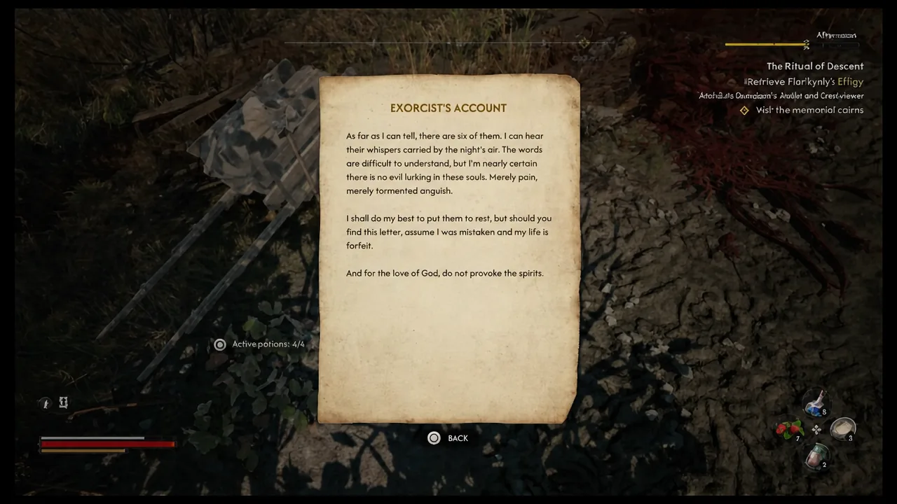 The Exorcist's Account note open on screen with its text and a Back button