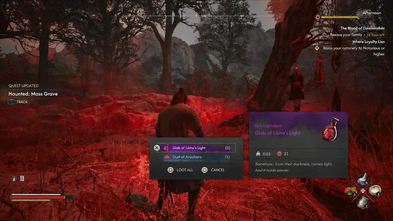 Looting prompt over a defeated spirit's remains after the Mass Grave fight