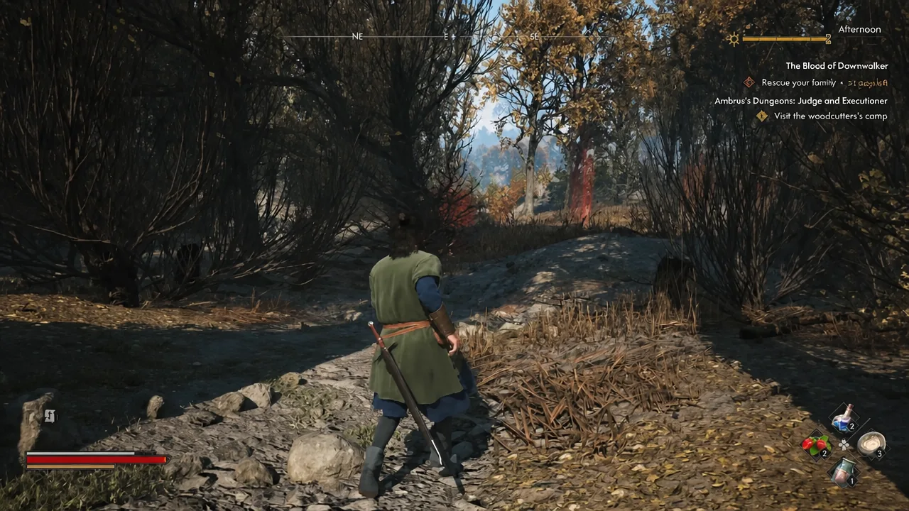 Quest tracker on screen as the character rides through misty forest toward the Haunted Site marker