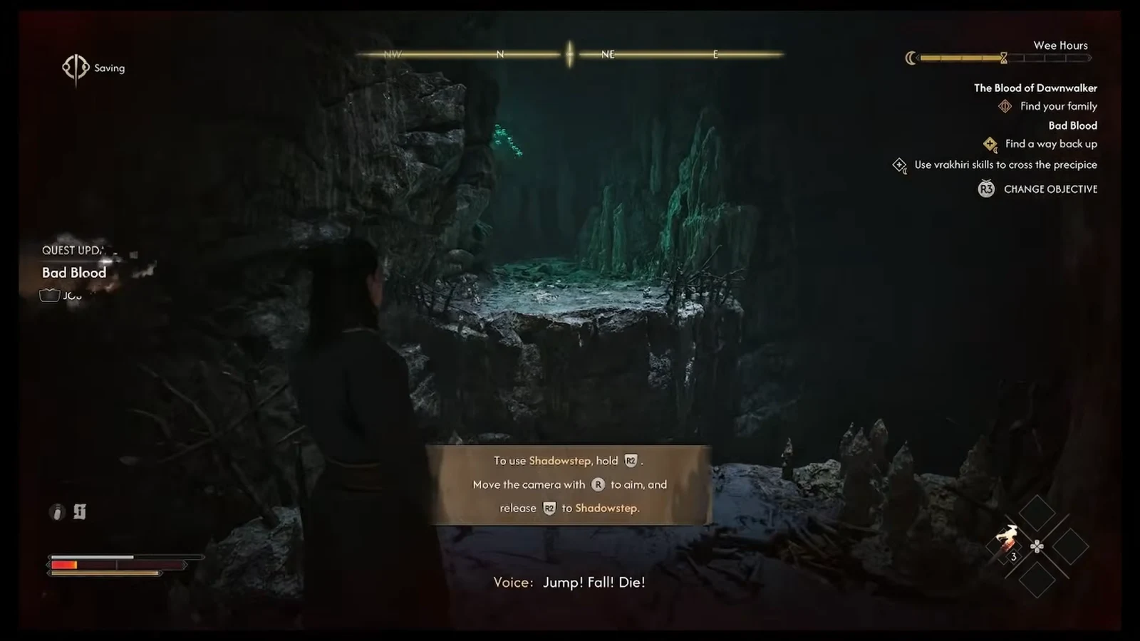 The Shadowstep tutorial prompt explaining how to aim and release to teleport across the gap