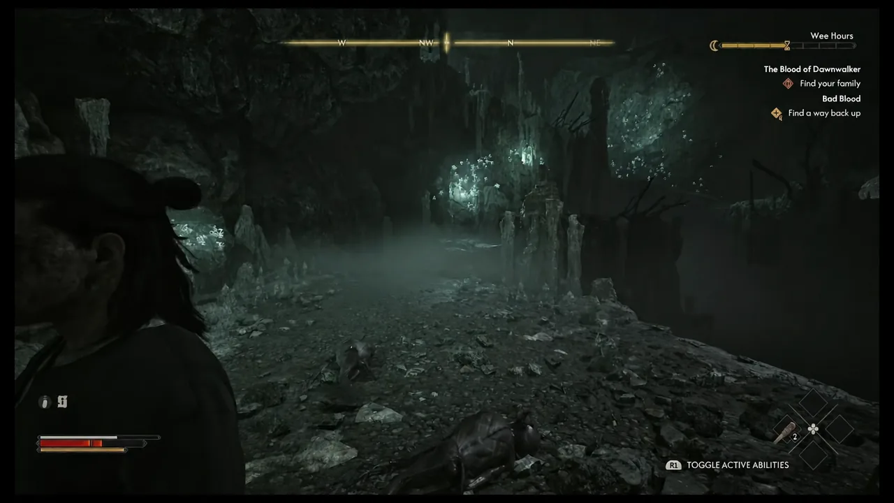 Cave interior with the R1 toggle active abilities prompt visible on the HUD