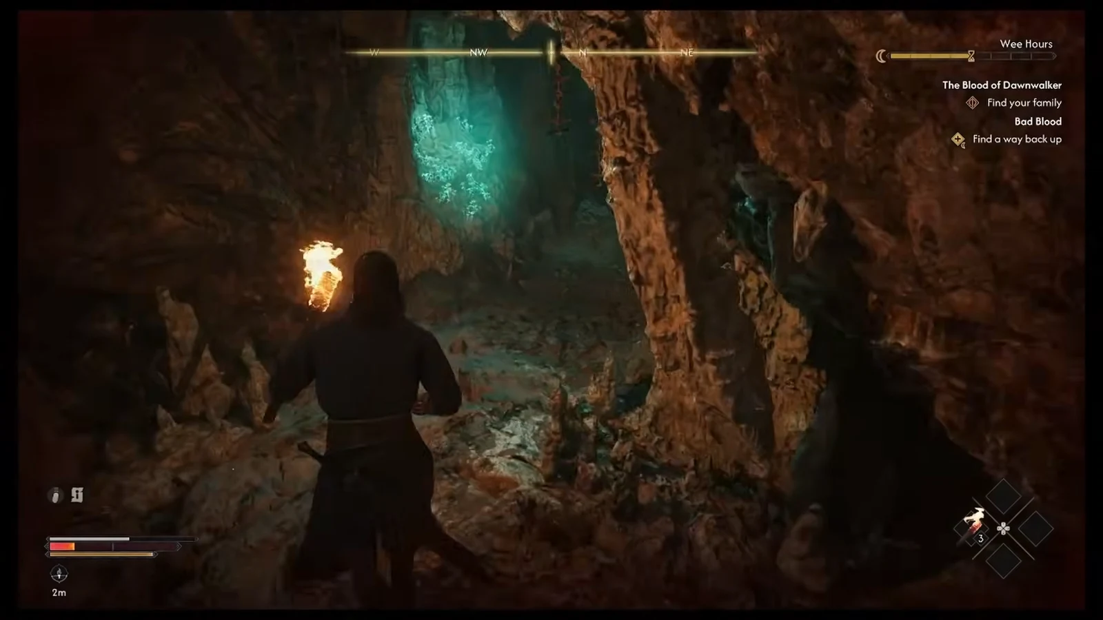Coen explores a torchlit stretch of the mine while hunting rats to restore health