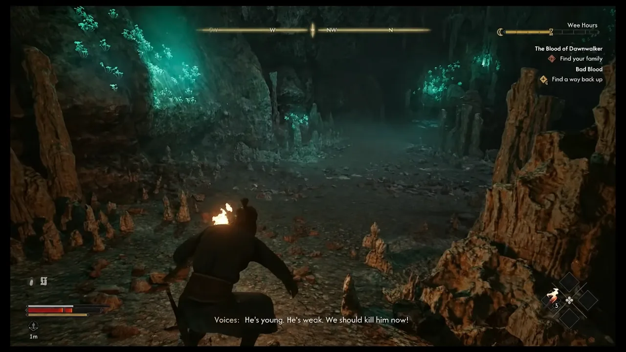 Coen climbing through a glowing section of the cavern after clearing the kobold ambush